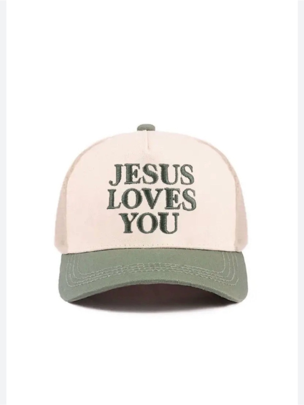 Zenana Embroidered "JESUS LOVES YOU" Two-Tone Trucker Hat - Cream & Olive